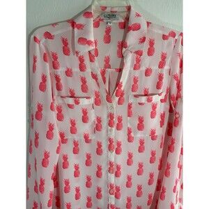 Express Women’s M  White w/ Hot  Pink Pineapples V Neck Roll Tab Button Up Shirt